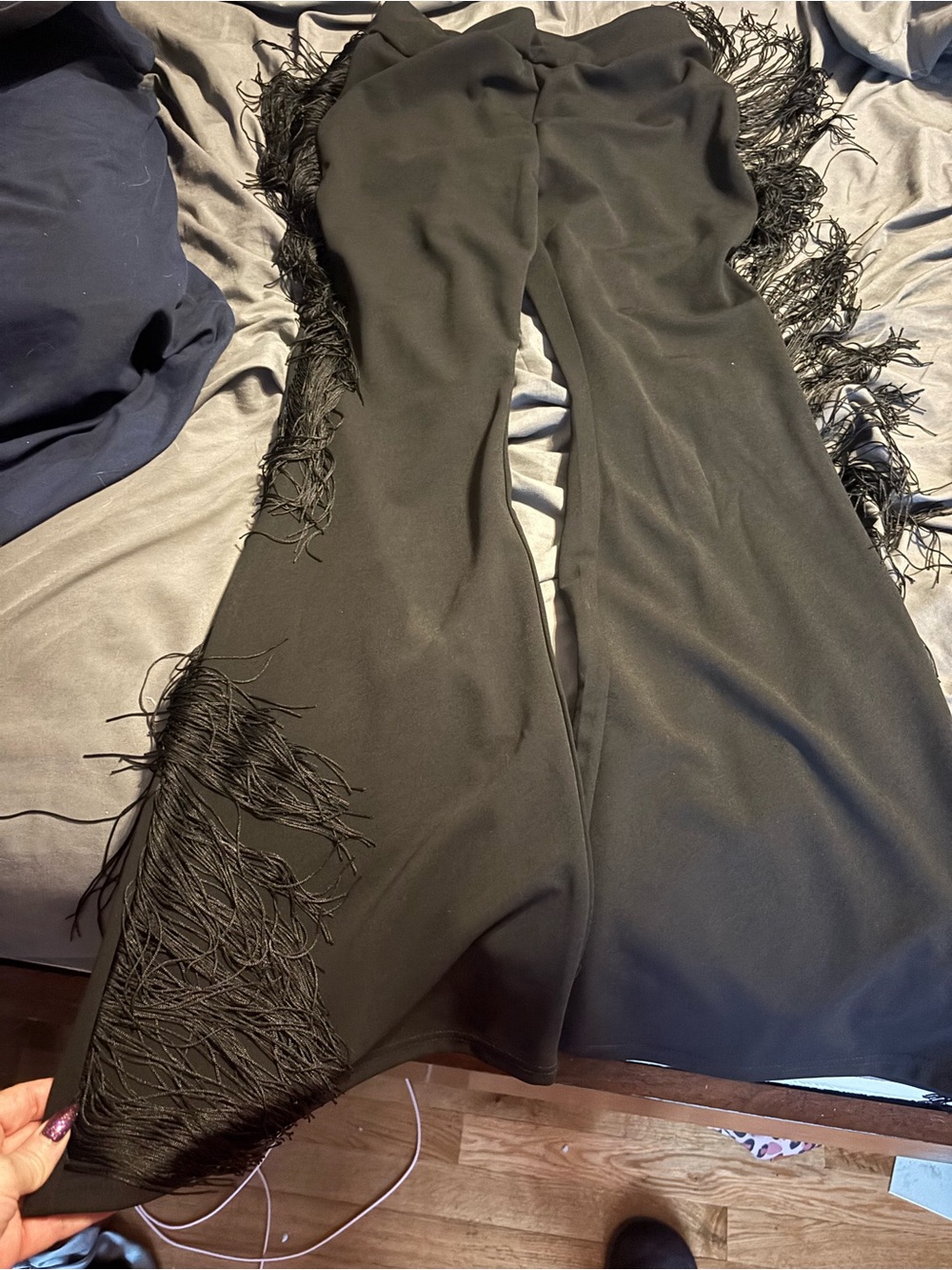 SHEIN Black Fringe-Trim Boot Cut Pants